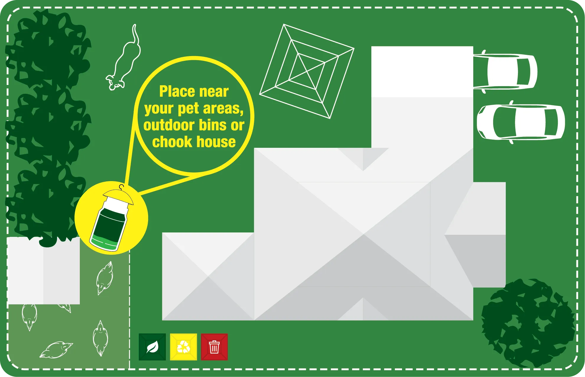 Place the fly trap near your pet areas, outdoor bins or chook house.